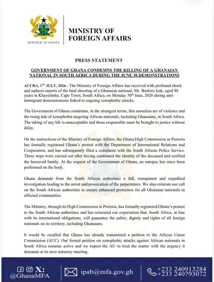 Ghana condemns killing of citizen in South Africa, demands swift justice - citizen